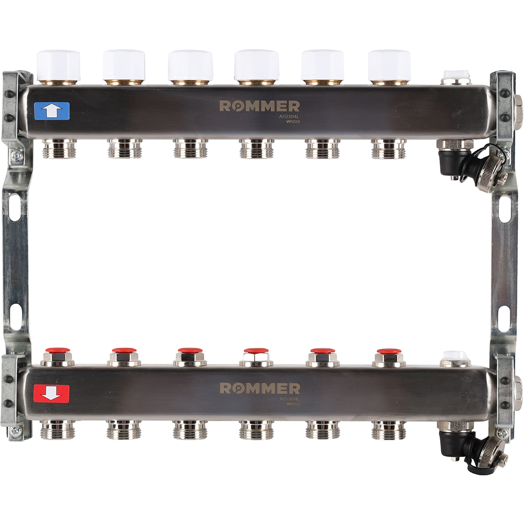  ROMMER Коллектор из нержавеющей стали без расходомеров, с клапаном вып. воздуха и сливом 6 вых.