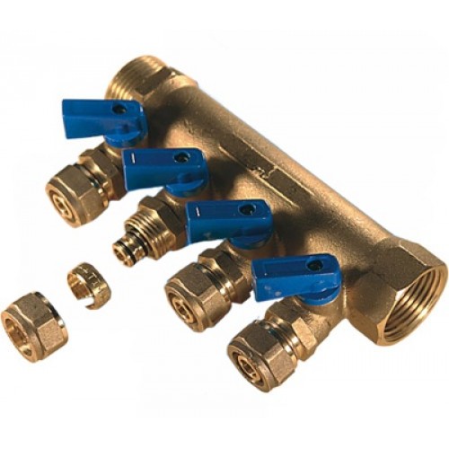 Коллектор с шар кр (с цангами) 1"х16ц 4 выхода (красн+син ручки) ТИМ